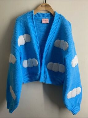 Mure + Grand Cloud Cardigan M/L Blue White Puff Sleeve Sweater